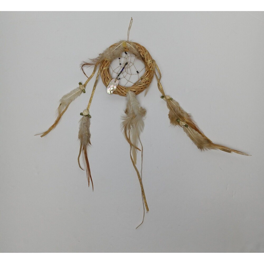 Dreamcatcher Woven Twig Hoop Feather Hanging Seashell Beaded Gold Thread Design
